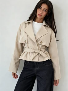 SHEIN 青少年女孩純色腰帶休閒工裝寬鬆百搭長袖夾克 工作灰 秋季 - 杏色 - 查看 1