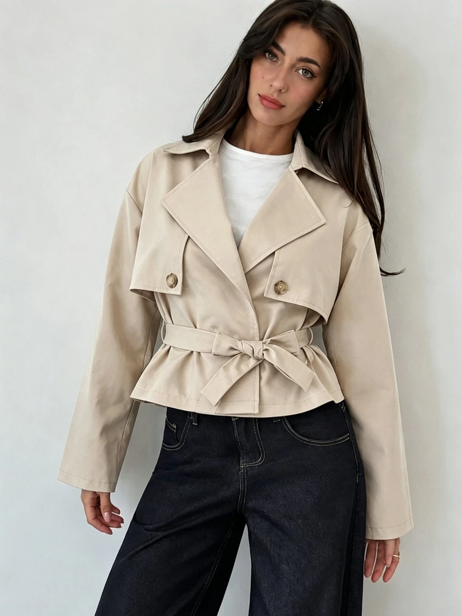 SHEIN 青少年女孩純色腰帶休閒工裝寬鬆百搭長袖夾克 工作灰 秋季 - 杏色 - 查看 1