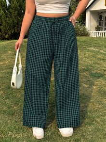 GalTyme Plus Size Casual Plaid Drawstring Waist Loose Pants - Dark Green - View 3