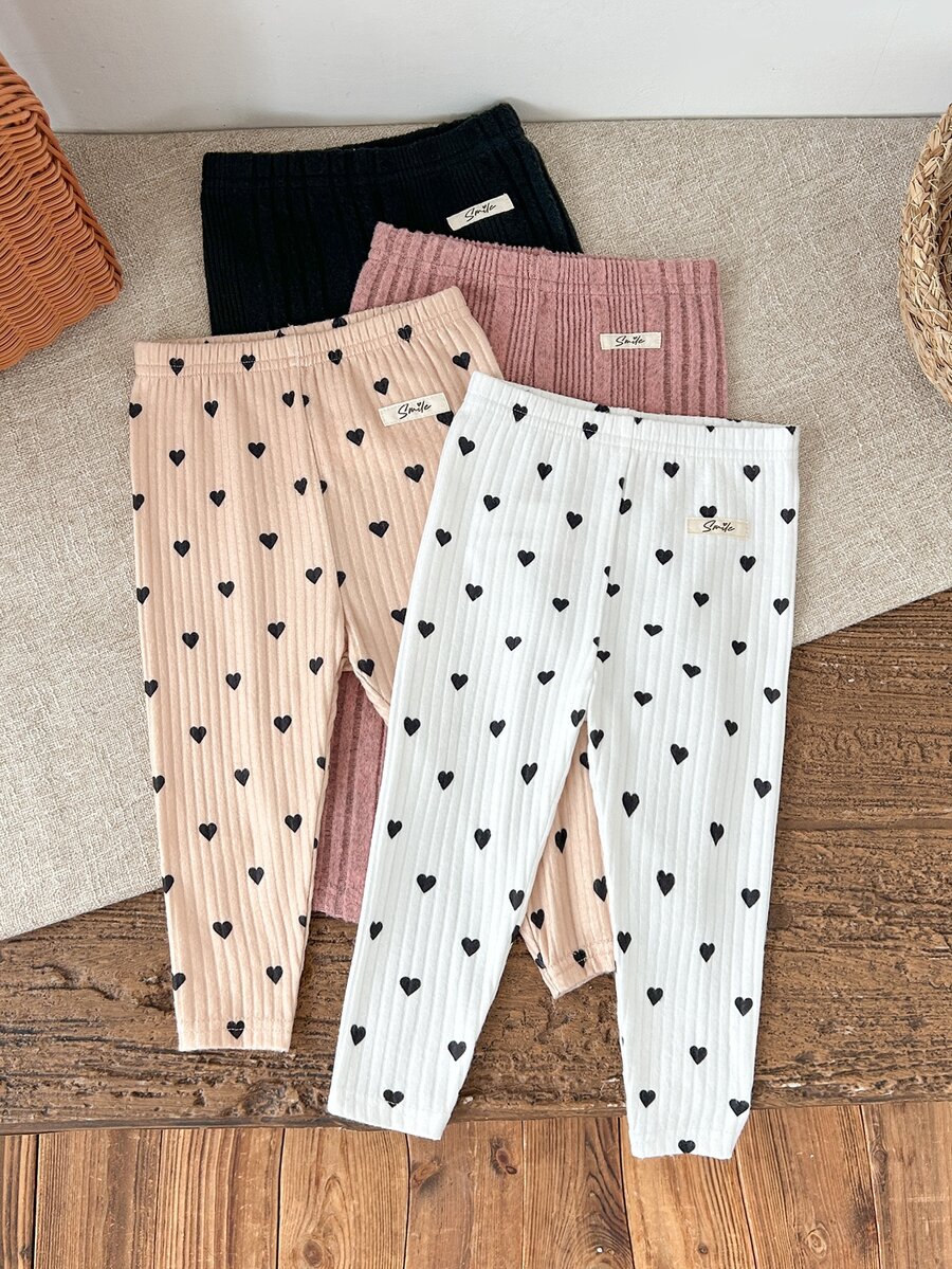 SHEIN 4pcs Baby Girl Baby Girls Knitted Solid Color Heart Pattern Casual Leggings 4-Piece Set - Multicolor - View 1