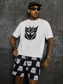 Transformers X SHEIN Men's Crew Neck Short Sleeve T-Shirt And Shorts Set Evergreen - Black and White - View 5