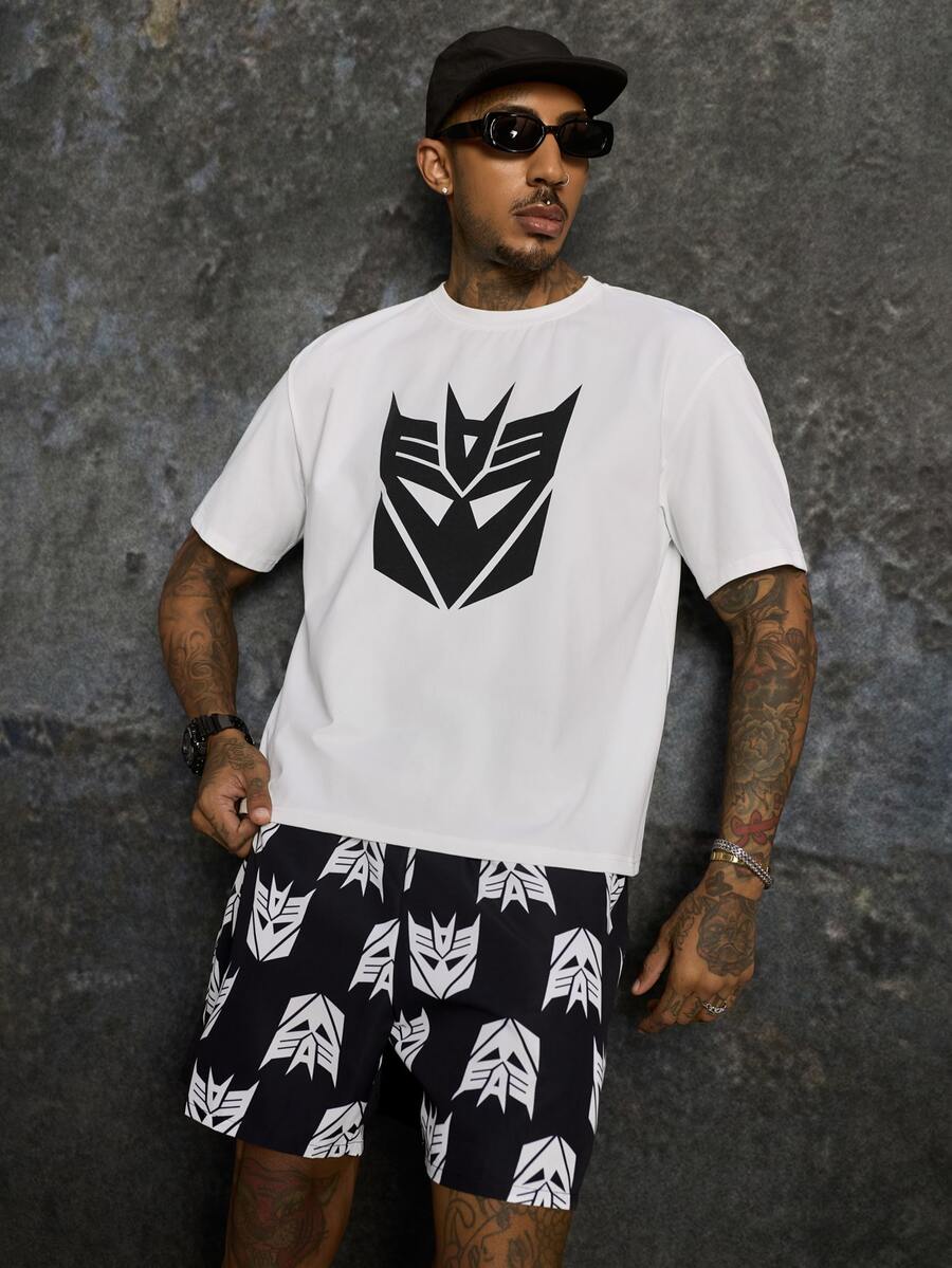 Transformers X SHEIN 男士圓領短袖T恤與短褲套裝 常青色 - 黑與白 - 查看 1