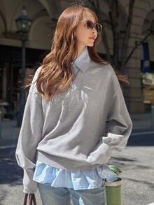 FRIFUL Women's Autumn Patchwork Striped Fabric 2 In 1 Sweater - Blue - View 7