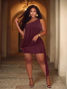 Slaydiva Sexy Street Date Party Women Slim Fit High Elastic Digital Print Mesh Ribbon Pleated Asymmetrical Shoulder Twisted Design Mini Dress Plus Size Dress - Burgundy - Burgundy - View 5