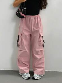 SHEIN Sparklyn 青少年女孩直筒寬鬆中腰工裝口袋休閒日常長褲返校款 - 粉色 - 查看 4
