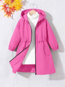 SHEIN 女童小女孩休閒字母裝飾寬鬆文字膠帶連帽口袋中長版派克外套 秋季夾克 - 玫紅色 - 查看 4