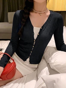 DAZY 女款彩虹條紋修身腰長袖V領休閒度假夏季薄針織開襟衫 Y2K 冬季 - 黑色 - 查看 5