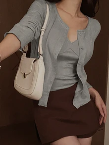 DAZY Solid Color Fitted Lace Camisole & Loose Long Sleeve Cardigan Casual Vacation Korean Style Spring Autumn 2pcs Set For Women - Grey - View 3