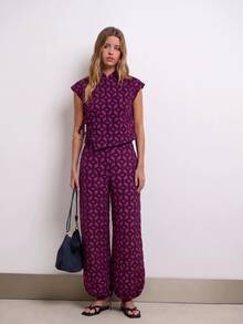 Nöista Atasan Lengan Pendek Asimetris Motif Geometris. Musim Panas, Gugur, Gaya Kasual Chic, Jalan-jalan, Pesta. - Purple - View 4