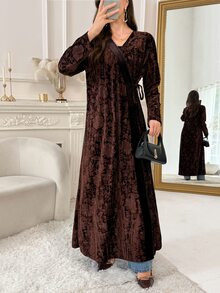 Yasmyna Women's Elegant Jacquard Long Sleeve Abaya - Brown - View 7
