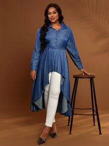 EMERY ROSE Blus Ukuran Besar Warna Biru Kancing Depan Model High Low dengan Sabuk, Kerah Kemeja, Lengan Panjang, Musim Gugur/Musim Dingin 2026 - Biru - View 4