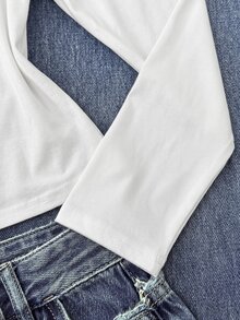 SHEIN Tween Girl 女童長袖T恤，彈性領口修身剪裁，簡約百搭舒適款 - 白色 - 查看 4