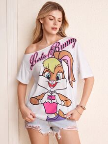 LOONEY TUNES X SHEIN 女款不對稱肩卡通印花T恤 - 白色 - 查看 4