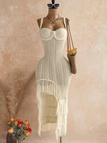 Soleia Women's Hollow Out Tassel Decor Knitted Dress For Vacation - Apricot - View 1