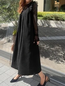 FRIFUL Women's Solid Color Pleated Round Neck Flutter Sleeve Loose Long Dress - Black - View 6