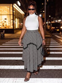 Slaydiva Rok Panjang Asimetris Berlapis Ganda Motif Houndstooth Hitam Putih untuk Kencan Harian, Ukuran Plus - Hitam dan Putih - View 8