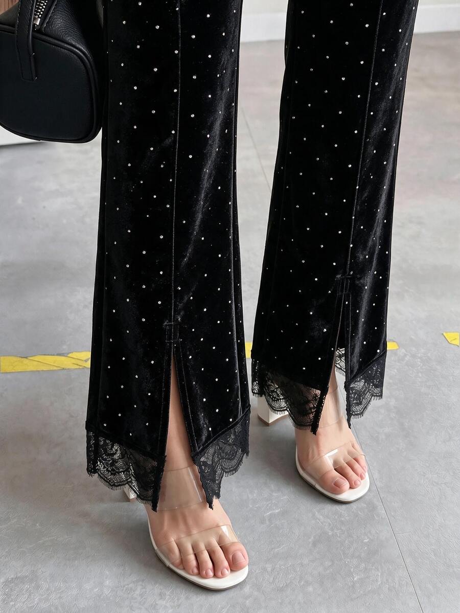 Editum Women's Polka Dot Lace Patchwork Split Hem Long Pants - Black - View 1