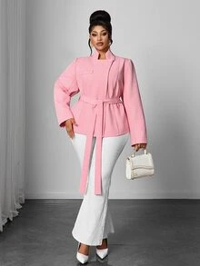 Maweii Plus Size Pink Casual Design Tie Waist Stand Collar Long Sleeve Commute Interview Business Blazer - Pink - View 3