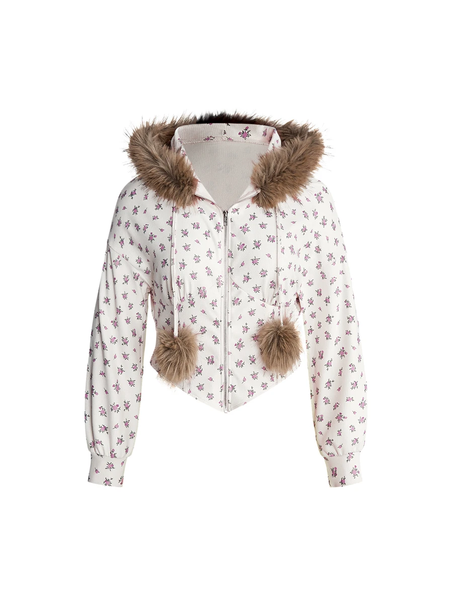 ROMWE Kawaii Y2K Retro Pastoral Floral Soft Fabric Fur Collar Zipper Front Cinched Waist Plus Size Sweatshirt - Apricot - View 1