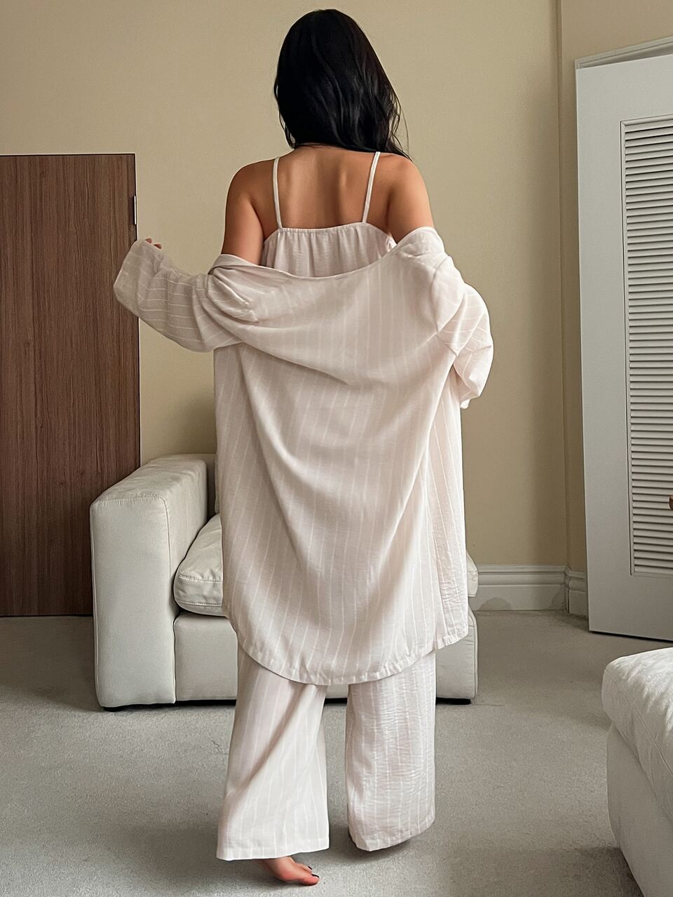 Women's Striped Lace Patchwork Camisole Top And Long Pants With Long Sleeve Cardigan Pajama Set