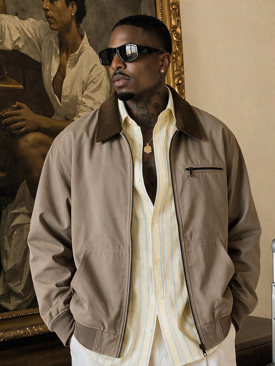 AKNOTIC جاكيت كاجوال رجالي بألوان متباينة وياقة مطوية وأكمام طويلة وسحاب، مناسب لحفلات الهالوين والشتاء والخريف - لون مشمشي - مشاهدة 1