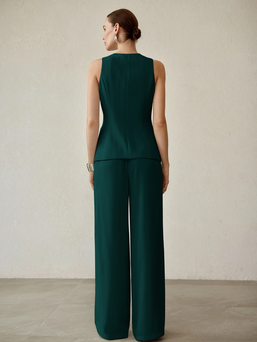 MOTF PREMIUM WOMEN'S APRICOT SUIT VEST OUTERWEAR SLEEVELESS 2 PIECES SET OLD MONEY STYLE - Dark Green - View 2