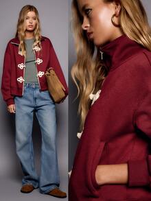 Nöista Women Burgundy Sweater With Front Oriental Buttons In Contrast Color. Perfect For Weekend, Activewear Jacket,  Everyday, Fall,  Winter,  Outfits. - Burgundy - View 3