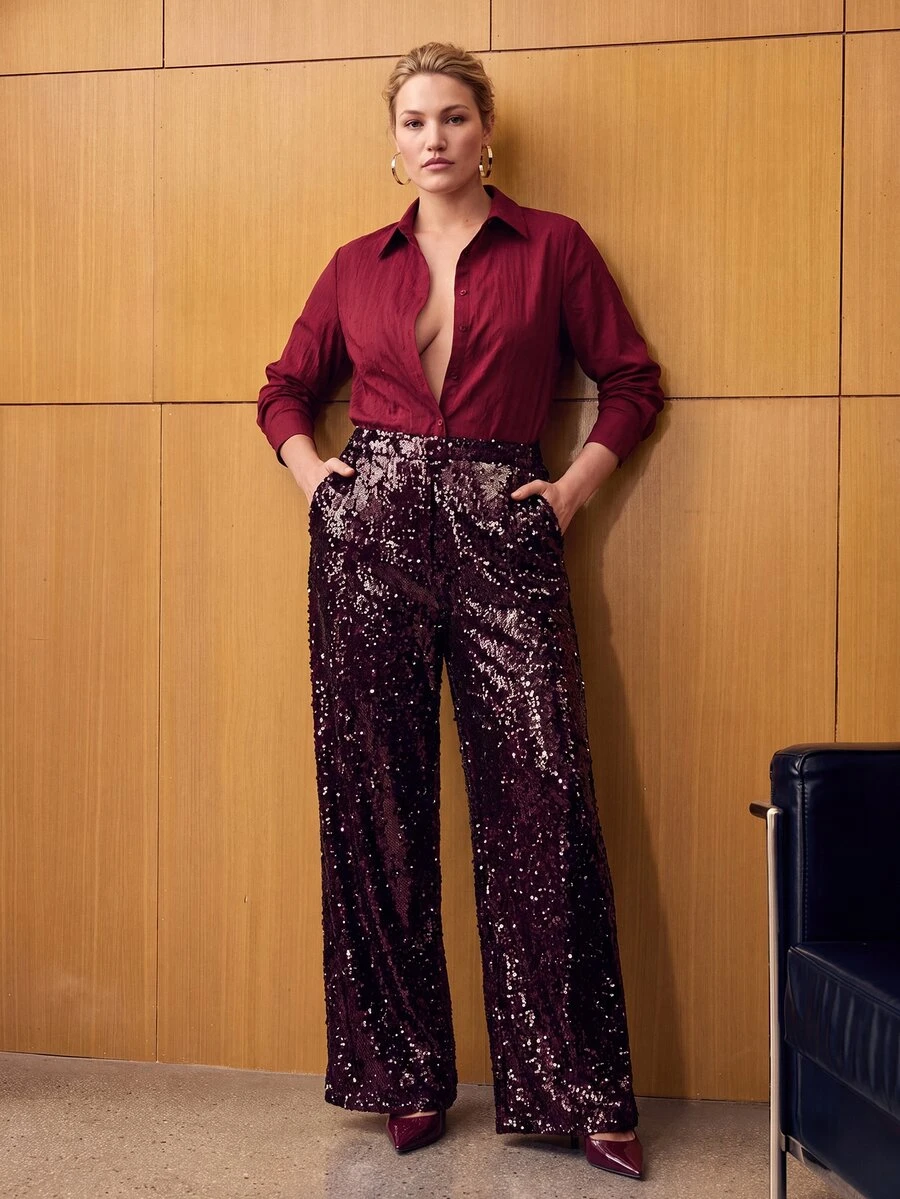 MOTF PREMIUM PLUS SIZE ELEGANT SEQUIN POCKET STRAIGHT LEG PANTS FOR BAR PARTY - Burgundy - View 1