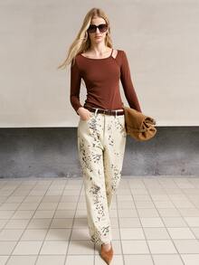 MOTF PREMIUM ELEGANT METAL DECOR ASYMMETRIC COLLAR DESIGN DETAIL AUTUMN/WINTER RIBBED LONG SLEEVE BASE LAYER - Brown - View 5