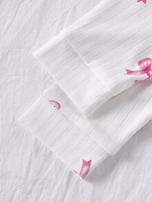 SHEIN 1 Set Girls' Fitted Loungewear Set, Ribbed Texture Fabric With All-Over Pink Bow Pattern, High Elasticity, Soft And Skin-Friendly, Slim Fit Long Sleeve Top And Long Pants Two Pieces Set (1 Set Sold Separately) - White - View 8