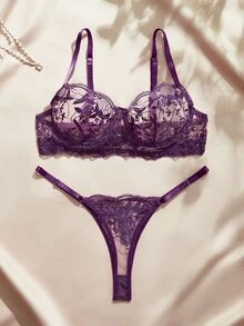 Charlaine Women's Lace Sexy Daily Spaghetti Strap Bra And Thong Lingerie Set - Purple - View 5