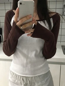 DAZY Women's Asymmetric Shoulder Colorblock Long Sleeve Korean Style Fresh Girly Sweater - Coffee Brown - View 3