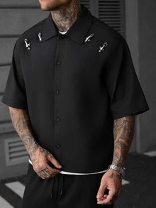 SLATEMANN Men's Solid Color Short Sleeve Single-Breasted Casual Versatile Shirt - Black - View 8