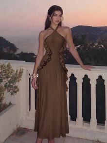 Lumalex New Knit Jacquard Tree Pattern Ruffle Trim Sleeveless Tie Halter Neck Long Dress - Brown - View 3