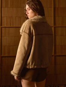 MOTF STUDIO WOMEN'S VINTAGE BUTTON POCKET LONG SLEEVE FAUX FUR COAT - Mocha Brown - View 8