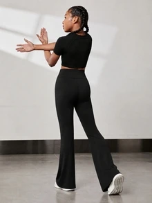 SHEIN 青少年女孩純色休閒百搭日常穿著運動喇叭褲 3件/套 - 黑色 - 查看 4