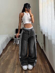StreetHx 女款休閒水洗對比色條紋牛仔長褲 - 淺灰色 - 查看 3