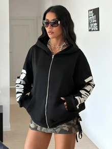 StreetHx Plus Size Women's Letter Print Zip-Up Casual Everyday Long Sleeve Jacket - Black - View 6