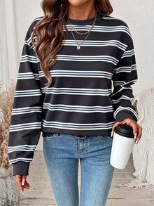 SHEIN LUNE 女款條紋拼接休閒日常長袖運動衫 - 白色 - 查看 2