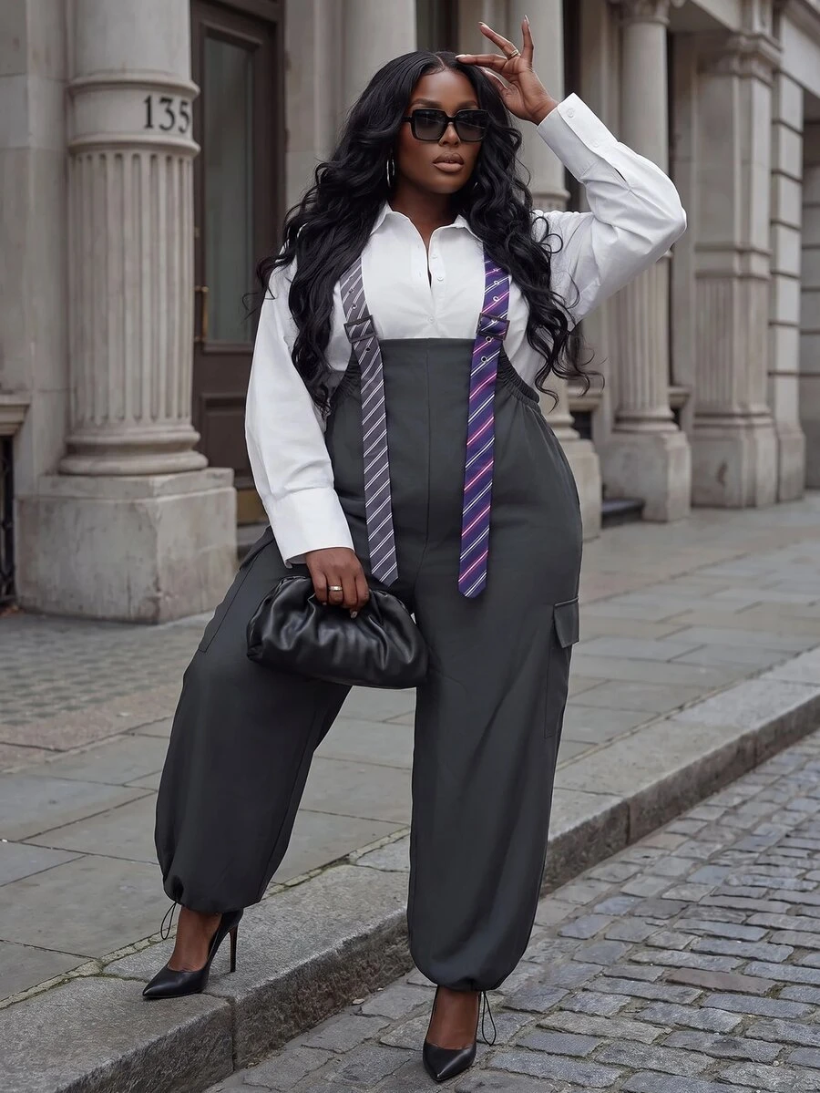 Slaydiva Spring/Autumn New Elegant Commute, Party, Modern, Wedding Season, Graduation Season, Back To School, Brunch, Afternoon Tea, Business Occasions, Loose Solid Gray Color, Adjustable Tie Shoulder Straps, Pockets, Drawstring Hem, Woven Fabric, Women's Plus Size Extra Long Overalls - A