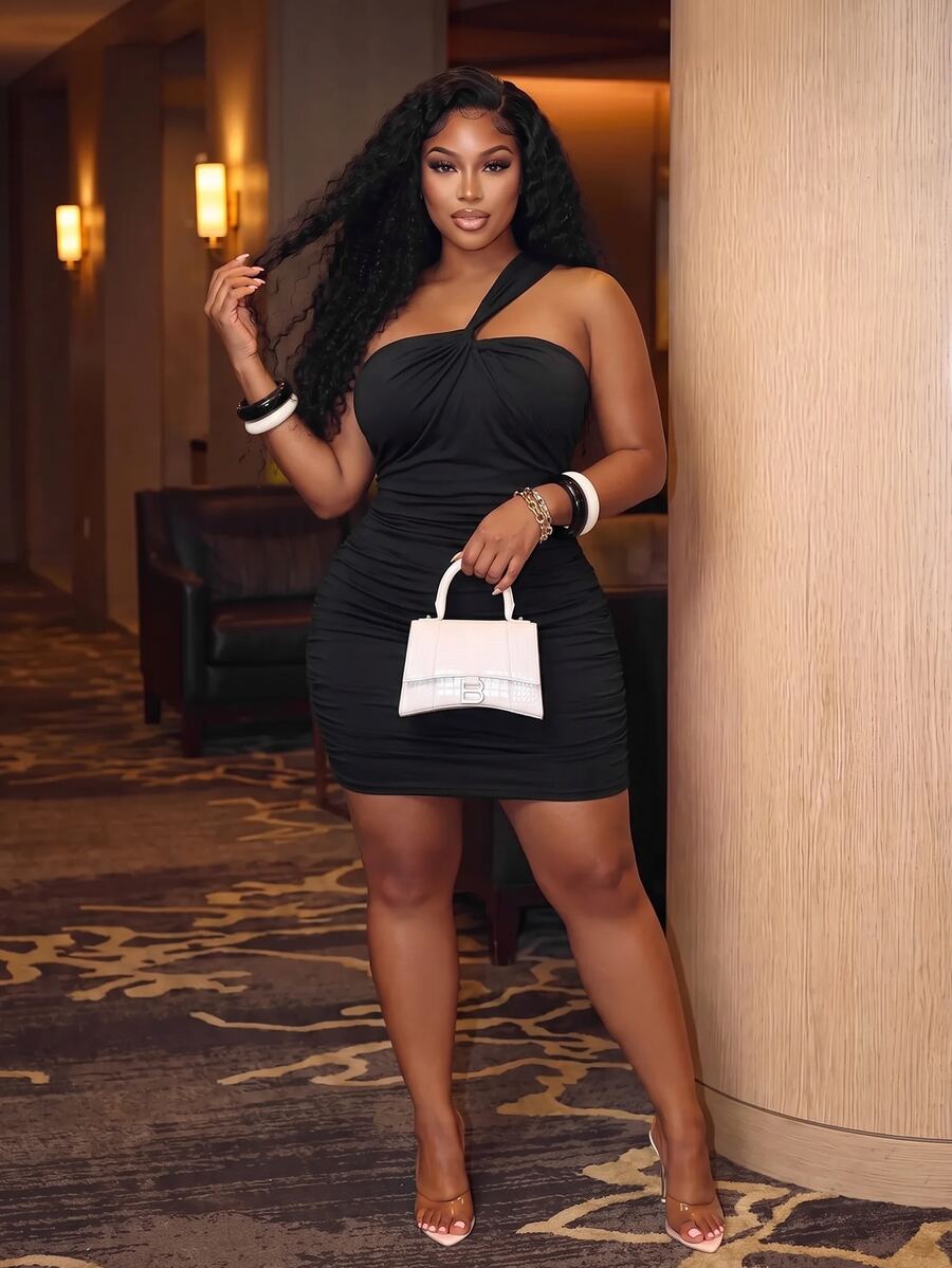 Slaydiva Plus Size Fashion Sexy Solid Color One Shoulder Backless Dress - Black - View 1