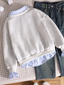 SHEIN Sparklyn Tween女孩大學休閒百搭通勤假兩件領口襯衫領運動衫，數字字母印花豹紋寬鬆版型 - 彩色 - 查看 2