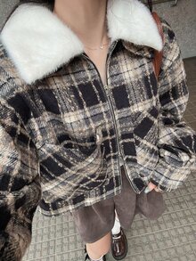 FRIFUL 女款拼接毛領格紋拉鍊休閒夾克 秋季 - 棕色 - 查看 8