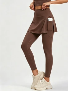 SHEIN Cheerettes 女款休閒 2 合 1 口袋運動裙褲 - 棕色 - 查看 2
