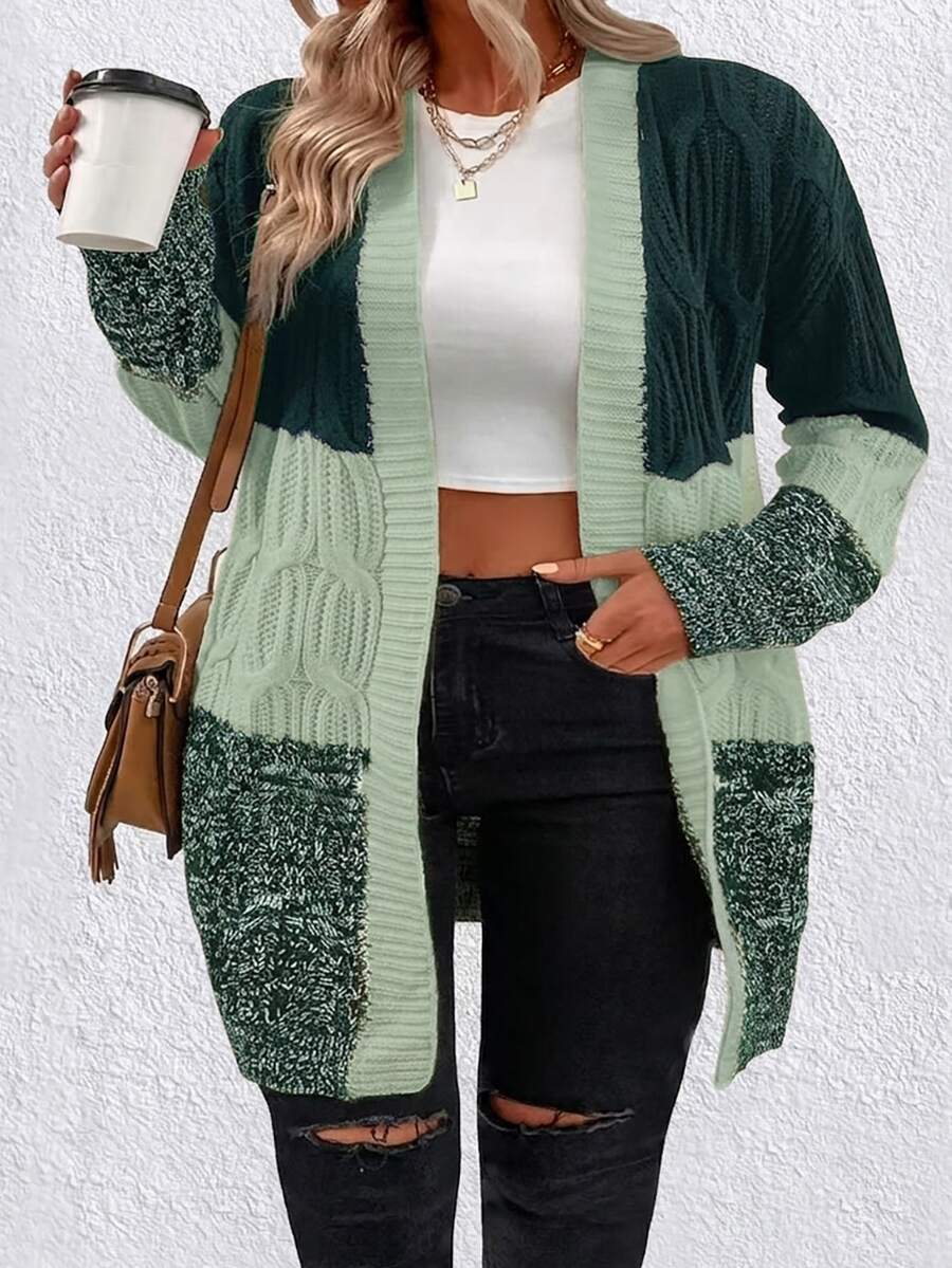 SHEIN LUNE 大尺碼女款拼色休閒百搭日常開襟衫 - 綠色 - 查看 1