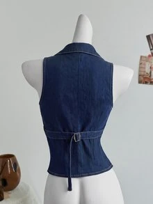 Elamini Women's Denim Napoleon Vest Jacket - Blue - View 2