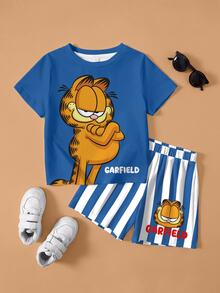 GARFIELD | SHEIN Young Boy Cartoon Print Short Sleeve T-Shirt And Shorts Casual Daily Set - White - View 1