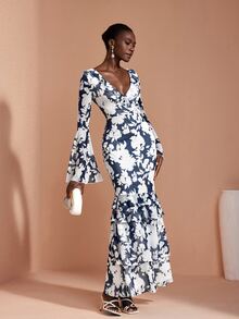 JIAN LASALA Mesh Ruffle Long Sleeve V Neckline Multi Layers Long Dress Elegant Vacation Holiday - Blue and White - View 6