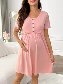 Moonlight&Mama Nursing Comfortable Soft Maternity Button Half-Front Short Sleeve Loungewear Dress - Dusty Pink - View 4