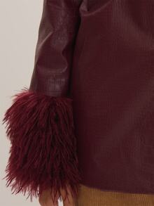 MUSEYN Burgundy PU Fur Cuff Knot Tie Detail Jacket Versatile Everyday Casual Fall - Burgundy - View 6